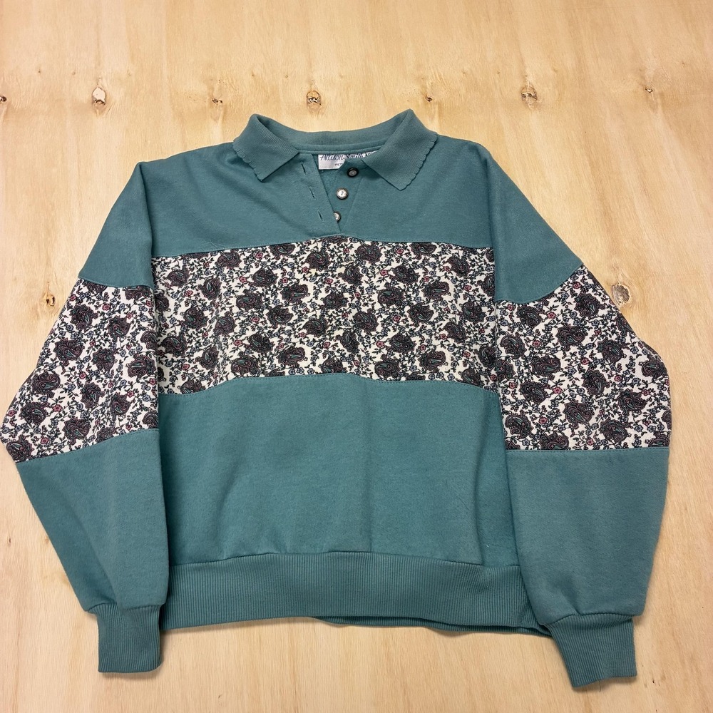 Vintage Allison Smith Polo Shirt Womens Petite Medium Green Fleece Long Sleeve